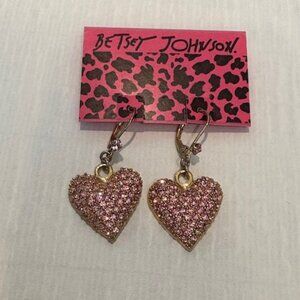 Betsey Johnson pink crystal heart drop earrings-I Love You stamped on back